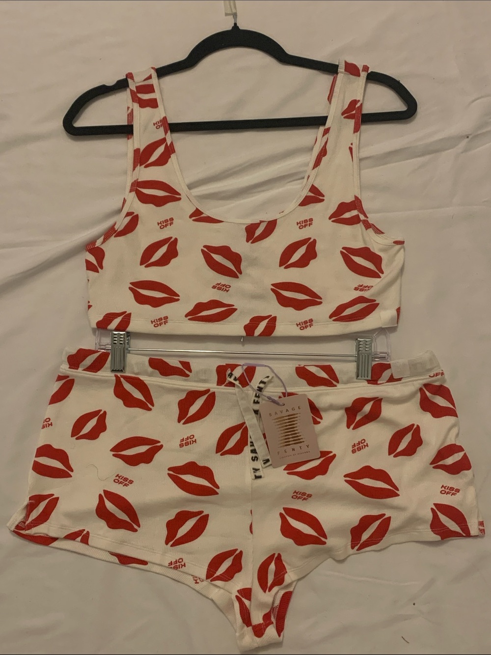 Savage X Fenty White Ribbed Tank with Red Lip Print Kiss Off Pajama Set